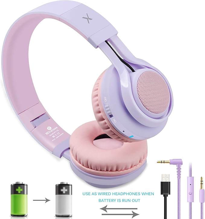Riwbox WT-7S Kids Bluetooth Headphones Light Up, Foldable Stero Wireless Headset,with Microphone and Volume Control,Comfortable and Durable,for PC/Tablet/TV/Travel(Purple)