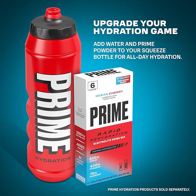 PRIME 32 oz Red Squeeze Sports Water Bottle, BPA Free, Dishwasher Safe, Easy-Grip Ergonomic Leakproof Design, Fast Hydration for Gym, Cycling, Running