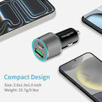 67.5W Gray Car Charger USB C Super Fast Charging, 45W USBC&QC3.0 Port Plug for iPhone 17 Pro Max/Air/16/15/iPad, Samsung S26 Android Cell Phone, Dual 12V Cigarette Lighter Adapter+3.3 ft Type C Cable