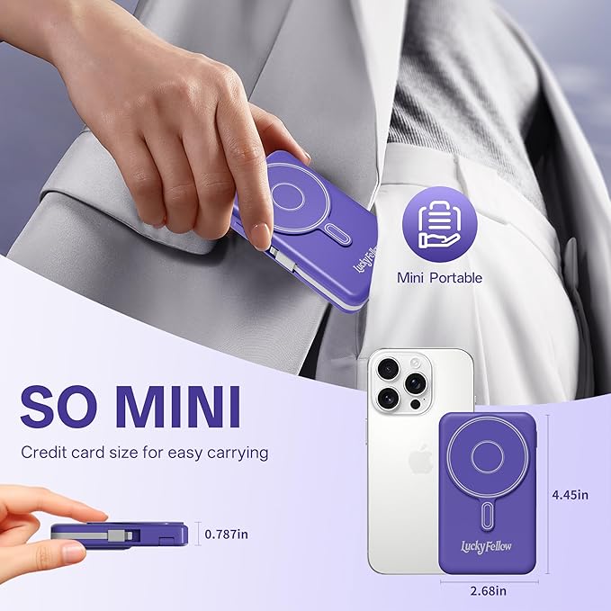 Magnetic Portable Charger Built-in Cables,10000mAh Fast Charging Wireless Charger Station External Battery Pack Slim Pocket Size Power Bank with Stand Compatible with iWatch, iPhone