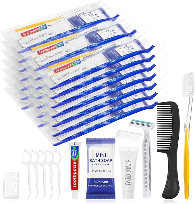 30 Sets Personal Hygiene Kit Bulk,Yellow Basic Travel Toiletry Supplies Disposable Toothbrushes with Toothpaste Floss Comb Soap Cover and Razors Set for Homeless,Guests,Church