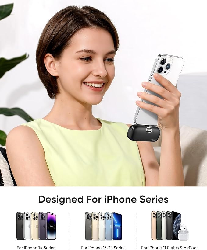 Kuulaa Small Portable Charger iPhone with Built-in Lightning Cable 5000mAh Power Bank Fast Charging for iPhone 14/13/13 Pro/12/12 Pro/11/XR/XS/X/8/7/6 Black