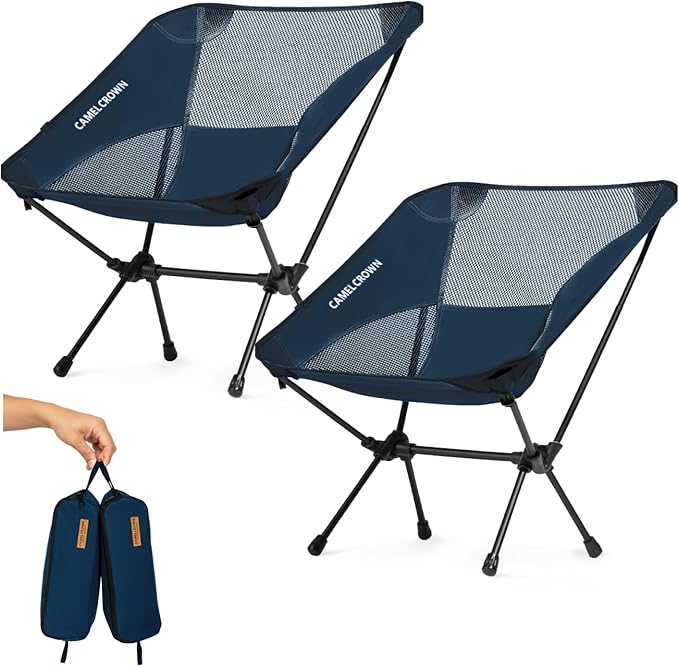 CAMEL CROWN Portable Camping Chair Lightweight Compact Folding Chair Mesh for Outdoor Camp Travel Beach Picnic Festival Hiking Backpacking Navy Blue 2 Pack