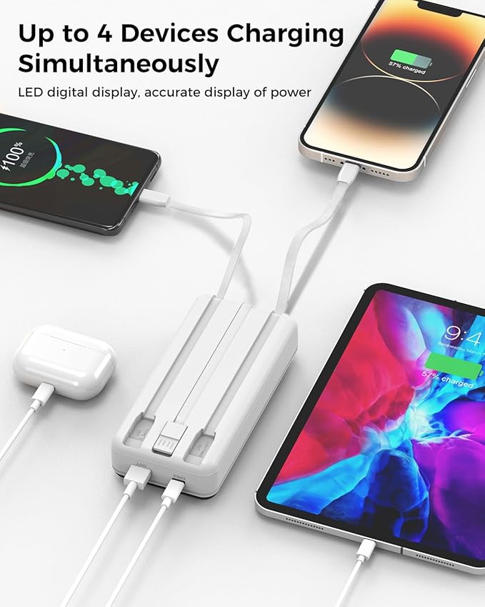 Portable Charger 40000mAh Power Bank - PD 22.5W Fast Charging Battery Pack, Built-in Cable Phone Charger 4 Output 3 Input, Compatible with iPhone 17 16 15 14 Android Samsung