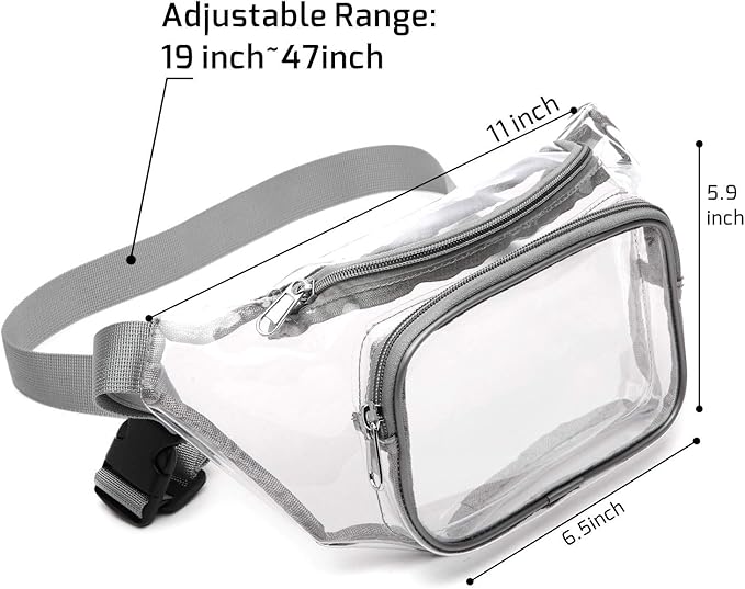 Veckle Clear Fanny Pack Stadium Approved - Adjustable 33-47 Inch Strap, Transparent Belt Bag for Women Men Fits 7.5-inch Smartphone, Waist Bag Clear Bag for Stadium Events, Sport, Concerts, Grey