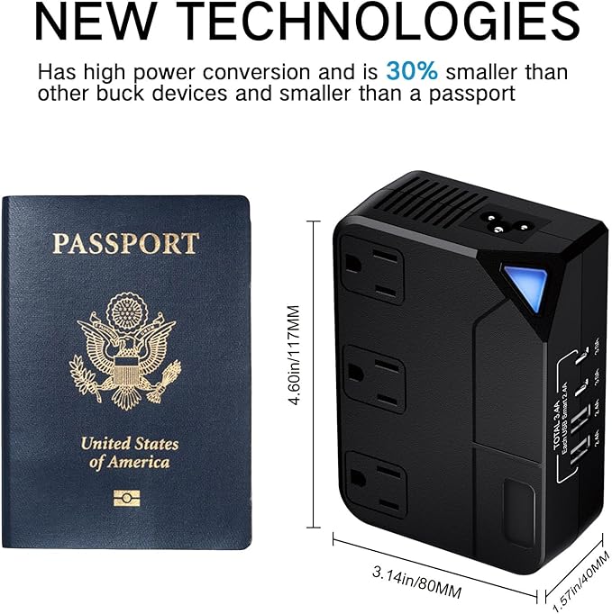 250W Conversion Plug, International Travel Converter with 2 USB and 2 USB-C Ports, lowering 220V to 110V for 100V-240V Areas and Different Countries Plugs Using US Electrical Devices