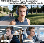 C6 Active Noise Cancelling Headphones, Wireless Over Ear Bluetooth Headphones, 60H Playtime, Lightweight Folding Deep Bass Comfort Fit Ear Cups Headset with Mic for iPad/Travel/PC/Home Blue