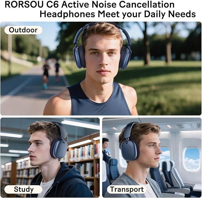 C6 Active Noise Cancelling Headphones, Wireless Over Ear Bluetooth Headphones, 60H Playtime, Lightweight Folding Deep Bass Comfort Fit Ear Cups Headset with Mic for iPad/Travel/PC/Home Blue