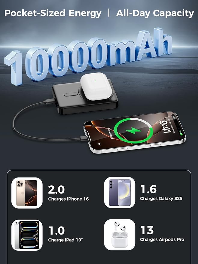 for Magsafe Portable Charger - 10000mah Wireless Magnetic Power Bank with Stand,PD 20W Fast Charging External Battery Pack Travel/Camping Essential Phone Charger for iphone 17/16/15/14/13/12 Series