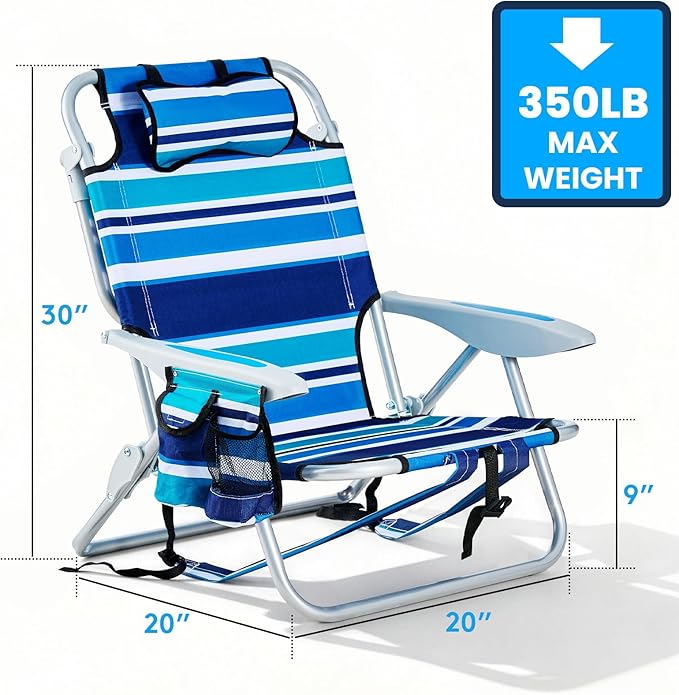 2 Pack Lightweight Portable Camping Beach Chair for Adults, Outdoor Lay Flat Folding Beach Chairs with 5 Positions, Backpack Beach Chair with Towel Bar, Zipper Pouch, Cup Holder, Blue Green