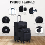 TACH LITE Samba Soft Connectable 2 Piece Luggage Sets - 20 & 28 inch Luggage | Small Carry On & Large Checked Suitcases | Patented Built-In Connecting System | Rolling Suitcase Links 6 Bags (Black)