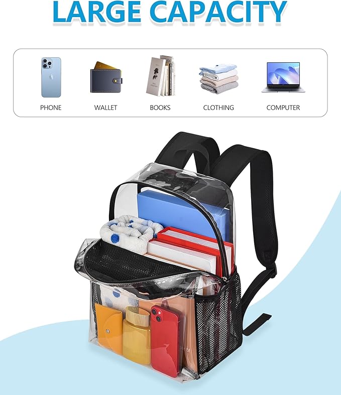 Paxiland Clear Backpack Stadium Approved 12×12×6, Small Transparent Bag with Reinforced and Widened Shoulder Straps, Black-Large