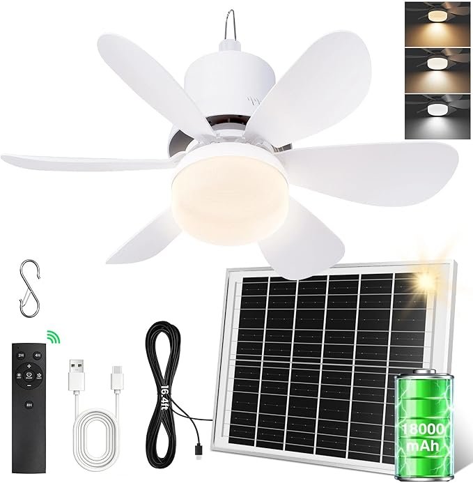 Solar Ceiling Fan with Light, 18000mAh Rechargeable Camping Fan with Remote, 450CFM Strong Airflow, 17.5'' Portable Outside Battery Powered Ceiling Fan for Gazebo, Canopy, Tent, RV