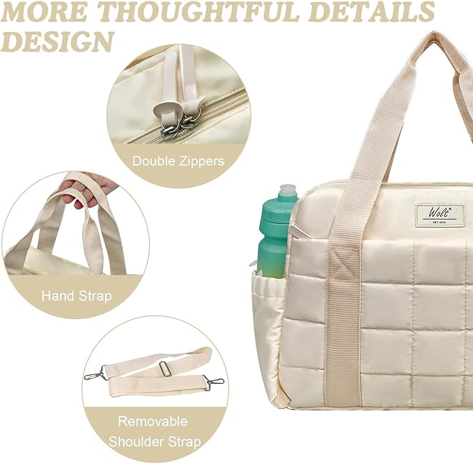 WOLT Small Gym Bag for Women, 14 inch Lightweight Gym Duffle Bag with Wet Compartment Quilted Tote for Sports Workout, Beige