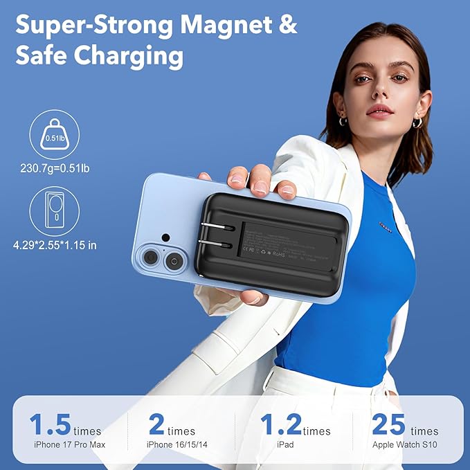 Magnetic Portable Charger 10000mAh for iPhone with Built-in Cables and Wall Plug,Wireless Power Bank with iWatch Charger,LCD Display 22.5W Fast Charging Battery Pack for iPhone 16/15/14/13/12 (Black)