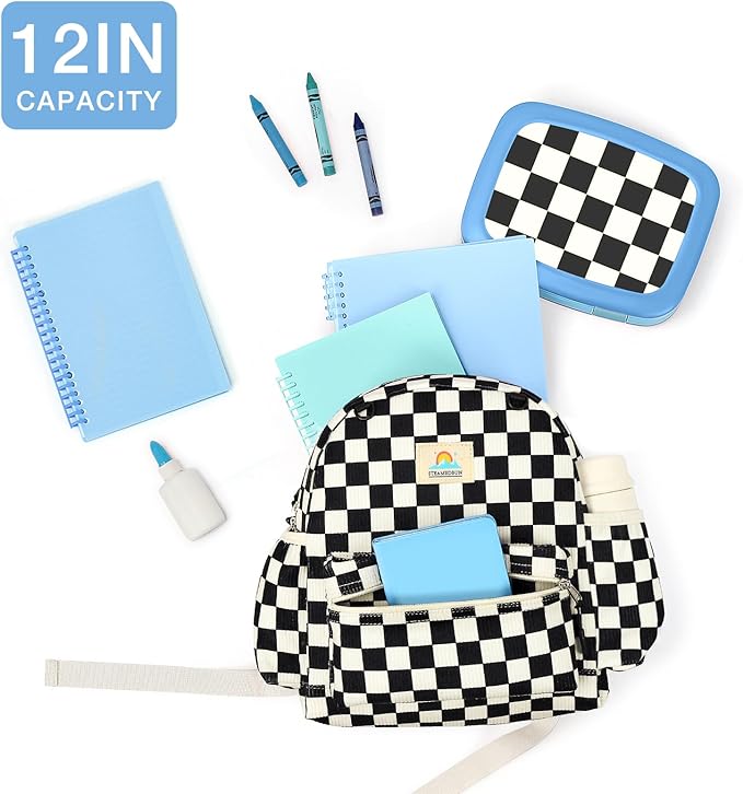 STEAMEDBUN Corduroy Toddler Backpack for Boys 2-4: Kids backpack for Boys Girls - 12 inch Preschool Kindergarten Backpacks - Checkered