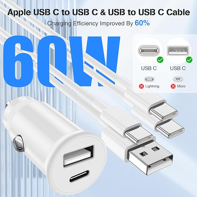 48W USB C Car Charger for iPhone 17 16 15 Pro Max, 48W Dual Port USB-C & USB-A Car Fast Charging Adapter, 2X3FT C to C Cable & A to C Carplay Cable for iPhone 17 16 15 Series/iPhone Air, iPad, Samsung