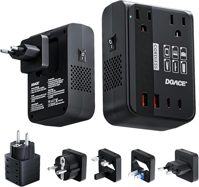 DOACE 350W Travel Voltage Converter US to Europe 220V to 110V Converter for Curling Iron Straightener Converter for European Travel 4 USB Charging Universal Power Plug Adapter UK/AU/US/EU, Black