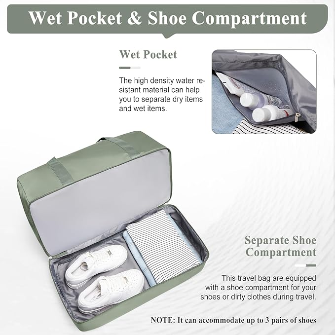 Travel Duffel Bag for Women, Carry-on Overnight Weekender Bags with Wet Pocket & Toiletry Bag, For Spirit Airlines 18x14x8 Personal Item Bag,Small,Olive Green