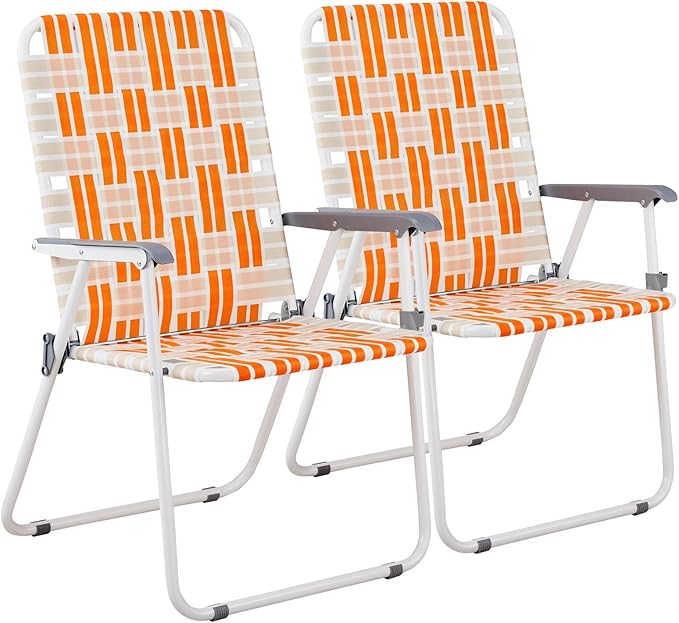 Folding Patio Lawn Webbed Chair Set of 2, Portable Outdoor Beach Chair for Adults, Camping Chair Steel Frame 300lbs Capacity for Yard, Garden Dining, Party, Picnic, 20.7" Seat Width