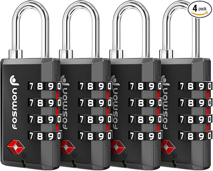 Fosmon TSA Approved Locks for Luggage/ Suitcase with Open Alert Indicator (4 Pack), Heavy Duty Gun Safe Lock for Gun Case, 4 Digit Shackle Combination Padlock for Travel, Backpack Zipper, Gym Locker