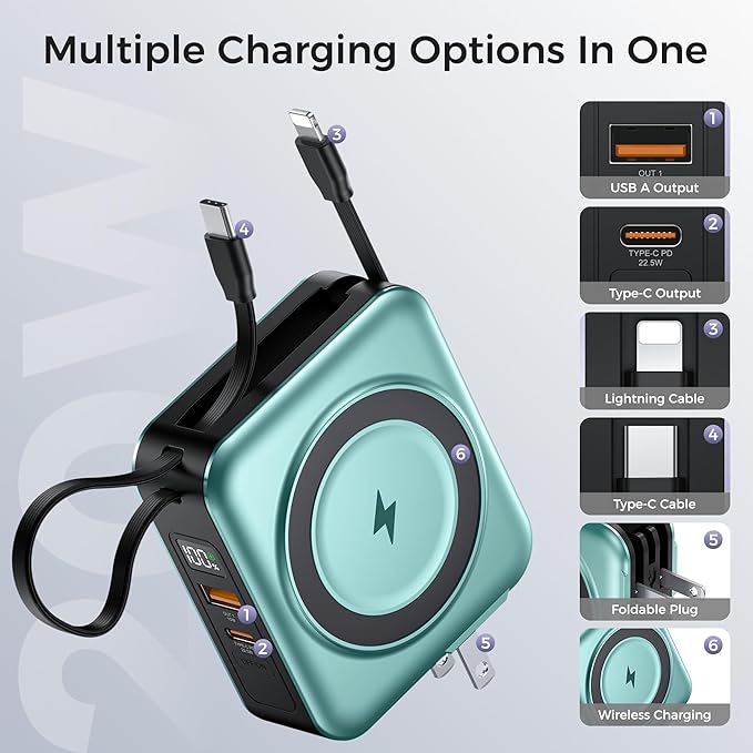 6-in-1 Magnetic Wireless Portable Charger 10000mAh – 22.5W Fast Charging with AC Wall Plug Built-in USB-C & Lightning Cables for iPhone 17/16/15/14/13/12, Android & Samsung(Green)
