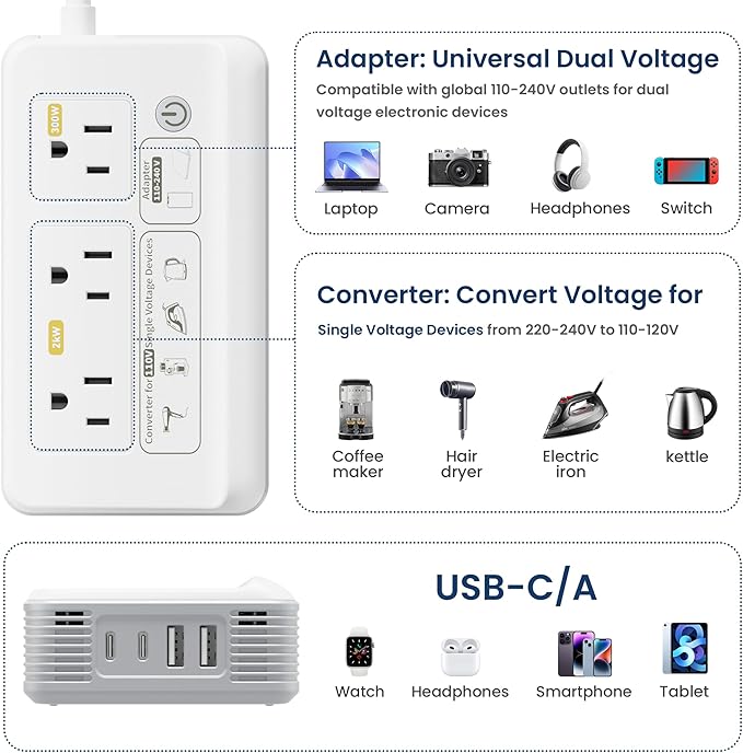 Mapambo 2000W Voltage Converter US to Europe, 7 in 1 Converter for European Travel for Hair Dryer, Kettles, Coffee Makers and etc. 220v to 110v Converter for International Travels (White)