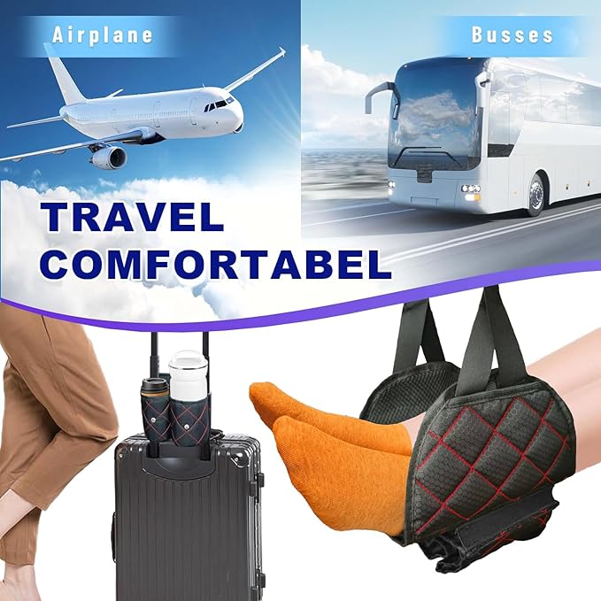 3 in 1 Airplane Footrest Foot Hammock with Luggage Cup Holder & Suitcase Strap to Relax Your Feet and Free Hands, Travel Essentials, Black