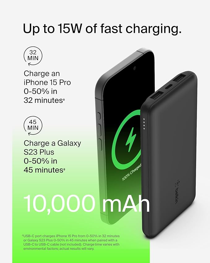 Belkin Portable Charger - 15W 3 Port Power Bank Battery Pack with 10000mAh Battery - Fast Charging for iPhone, Samsung Phone, More - USB C to A Cable Included