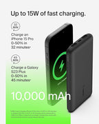 Belkin Portable Charger - 15W 3 Port Power Bank Battery Pack with 10000mAh Battery - Fast Charging for iPhone, Samsung Phone, More - USB C to A Cable Included