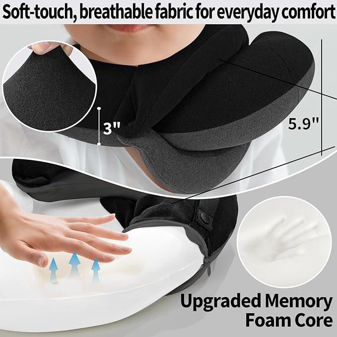 BUYUE Kids Travel Pillows for Airplane, Memory Foam 360° Head Support Sleeping Essentials for Long Flight, Skin-Friendly Soft Neck Pillow for Traveling in Car Seat, (Small, Black Grey, 40-90 lbs)