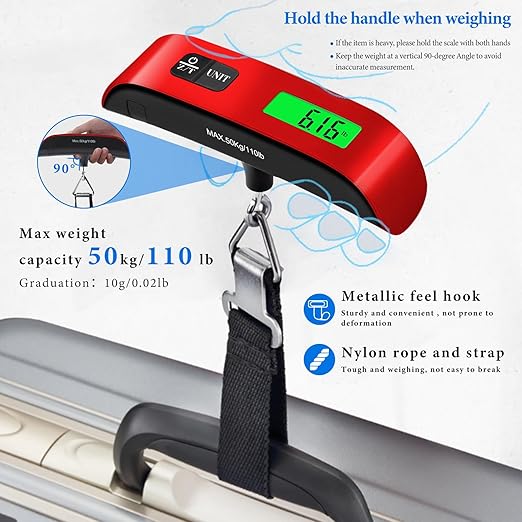 Luggage Scale, Portable Luggage Weight Scale 110lb/50kg with LED Display, Luggage Scale Travel Digital for Weighing Luggage, Backpacks, Fruits and Pets (Red)