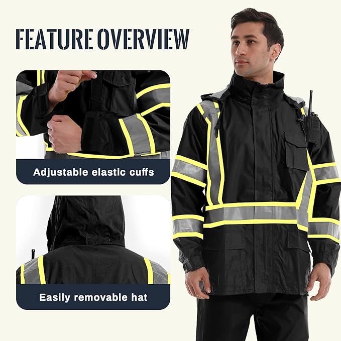 SKSAFETY Hi Vis Safety Rain Jacket for Men, Construction Work Rain Gear Heavy Duty Class 3 Rain Coat Waterproof Lightweight