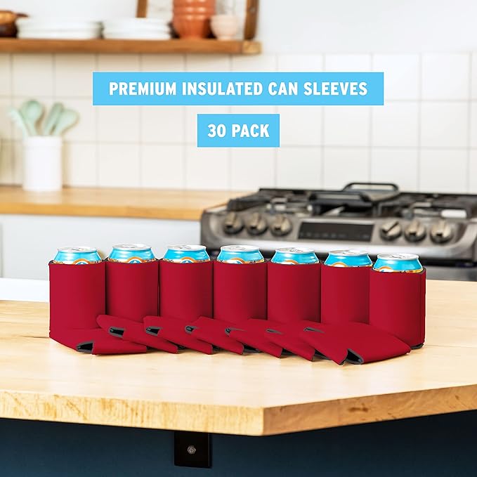 Blank Beer Can Coolers Sleeves (30-Pack) Soft Insulated Beer Can Coolies - HTV Friendly Plain Koolies in Bulk for Beer Cans & Bottles - Coolie Blanks for Vinyl Projects & Wedding Favors (Red)