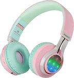 Riwbox WT-7S Bluetooth Headphones Light Up, Foldable Stero Wireless Headset with Microphone and Volume Control for PC/Tablet/TV/Travel (Pink Green)