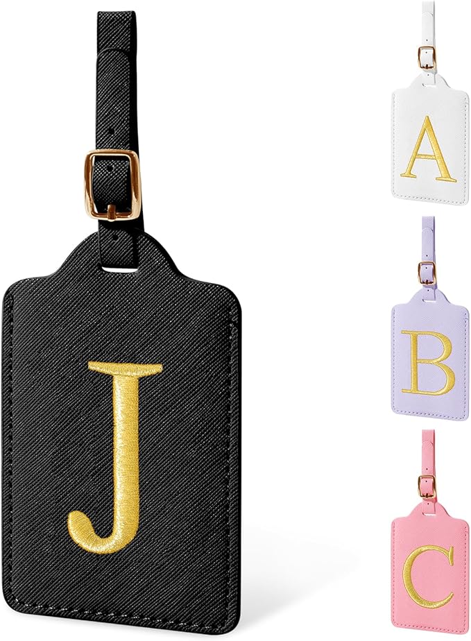 Personalized Initial Luggage Tags for Suitcase TSA Approved, Black Leather Cute Luggage Tag with Privacy Cover Name Card, Embroidered Custom Luggage Tags Travel Backpack Tags Gifts for Women Kids(J)