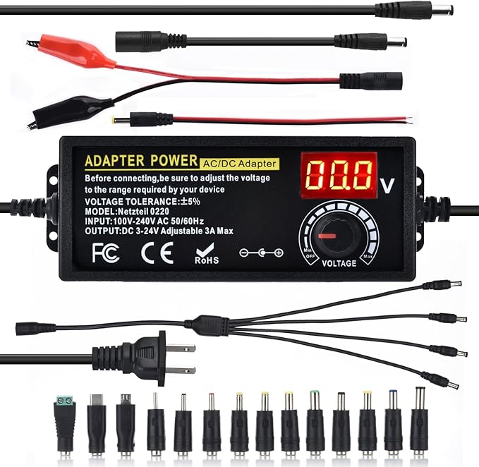 Universal Power Supply Adjustable 72w DC 3V ~ 24V Variable Switching 100V-240V AC/DC Adapter with Volt Display,14pcs Tips,4-Way Power Splitter Cable,Test Lead, Polarity Converter