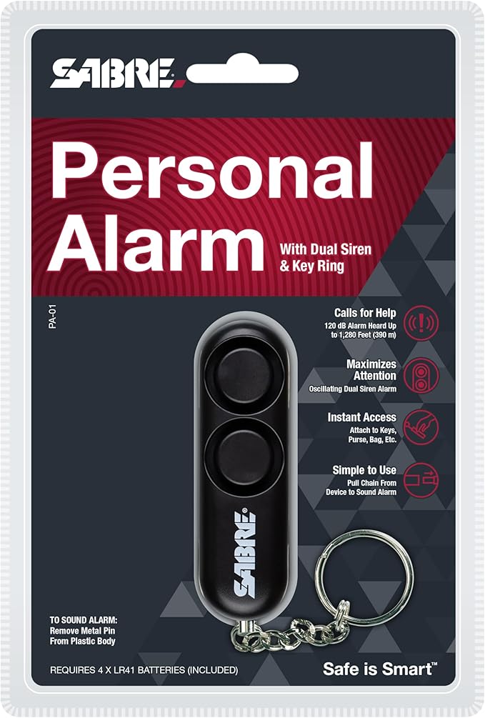 SABRE Personal Alarm With Key Ring, 120dB Alarm, Audible Up To 1,280 Feet (390 Meters), Simple Operation, Reusable, Black