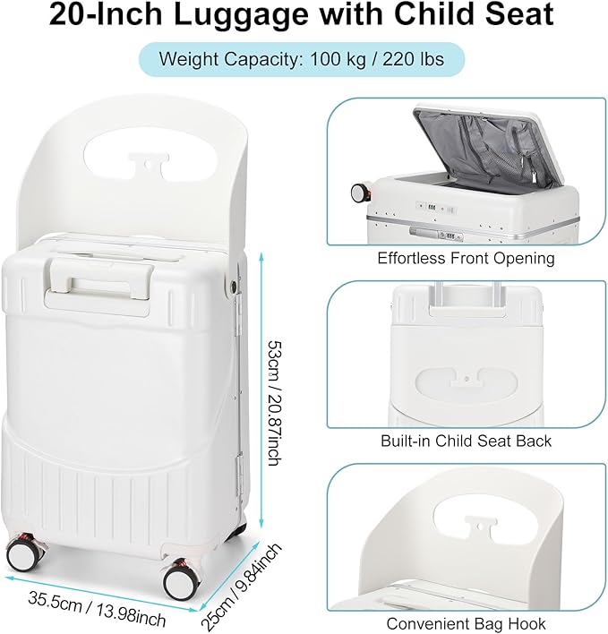 20'' Ride on Luggage Kids Rolling Suitcase with Seat & Aluminum Frame Back to School Gift for Student Travel(White)