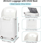 20'' Ride on Luggage Kids Rolling Suitcase with Seat & Aluminum Frame Back to School Gift for Student Travel(White)
