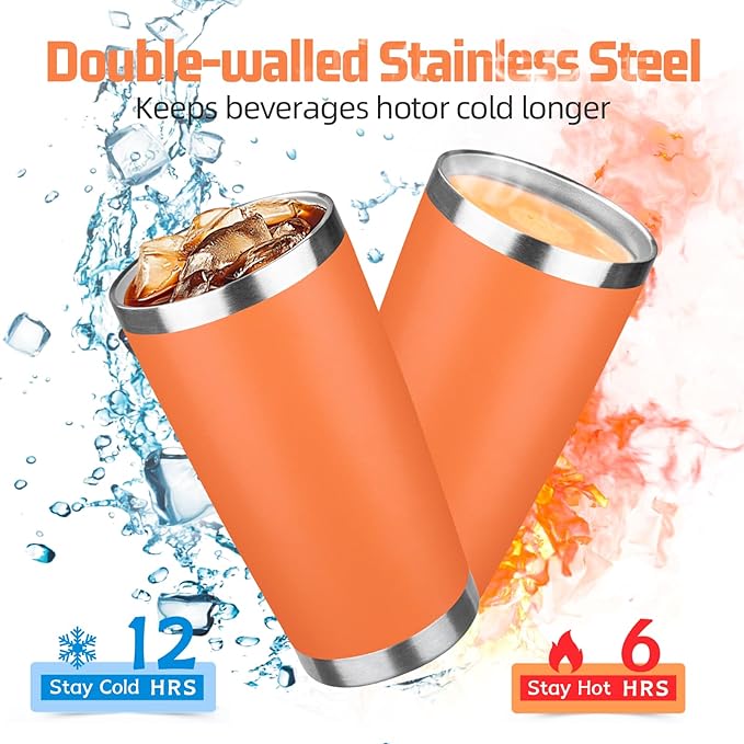 20 oz Tumbler with Lids and Straws, Stainless Steel Insulated Travel Coffee Mug, Double Wall Vacuum Insulated Tumblers, Powder Coated Coffee Tumbler for Cold & Hot Drinks (Mix Color-7, 6 Pack)