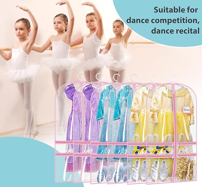 SLEEPING LAMB 6 Packs Clear Garment Bags for Dancers With 4 Pockets, 40" Kids Costume Bag for Travel and Dance Competition, Hanging Clothes Storage for Dress, Uniform, Pink