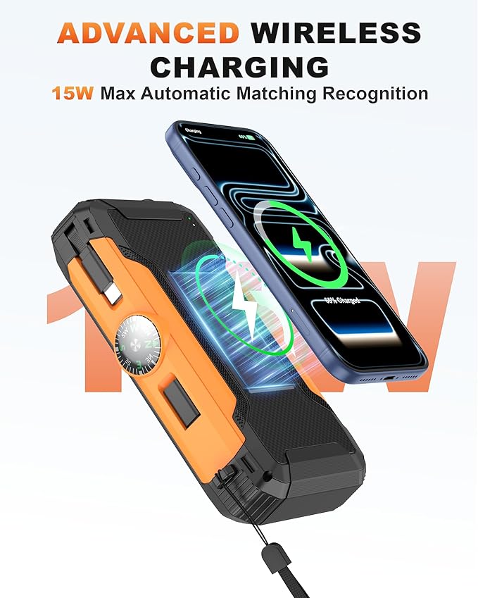 Solar Power Bank with Hand Crank and Retractable Cables, 20000mAh Wireless Portable Charger with USB-C & Camping Light, 25W Fast Charging Battery Pack for iPhone, iPad, Samsung, All Mobile Phones