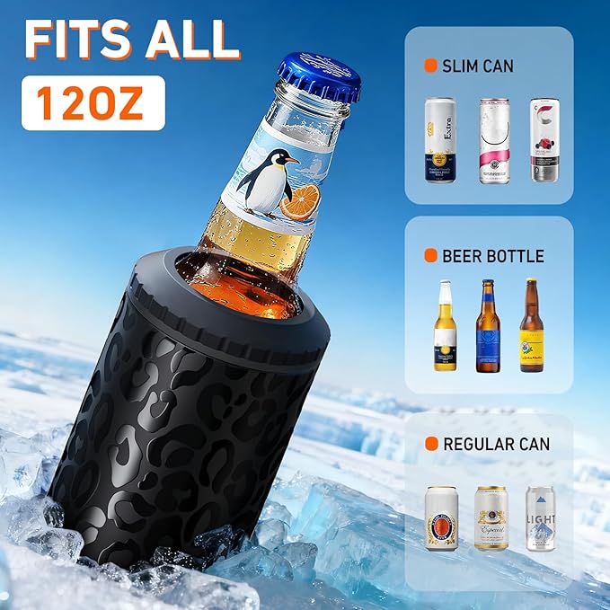 3 in 1 Slim Can Cooler for 12 OZ Skinny Can, Regular Can & Beer Bottle - Keep Cold for 6 Hours - Double Walled Insulated Stainless Steel Vacuum Beverage Can Insulator (Black Leopard)