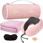 urnexttour Travel Pillow and Blanket Set Neck Pillows Soft Blankets with Sleep Mask Travel Essentials for Airplane Car Memory Foam Pink