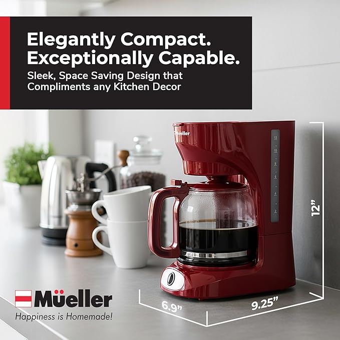 MUELLER HOME 12-Cup Red Coffee Maker - Perfect for Home or Office, Borosilicate Carafe, Auto-Off, Reusable Filter, Anti-Drip, Keep-Warm Function, Clear Water Level Window, Red Kitchen Accessories