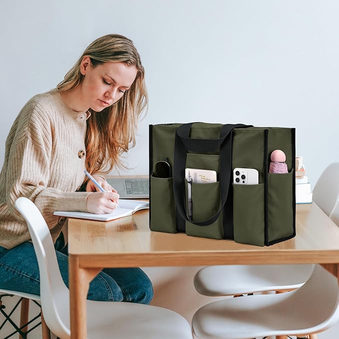 Becokan Large Tote Bag for Women Waterproof with 12 Pockets Top Zipper Closure Utility Teacher Nurse Bags for Work School
