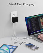 Nekmit 100W Flat USB C Charger Block, 3-Port GaN Fast Wall Charger(2*USB-C & 1*USB-A), USB C Wall Plug with Fixed Prongs for iPhone 17/16, MacBook Pro/Air, iPad, Galaxy and More