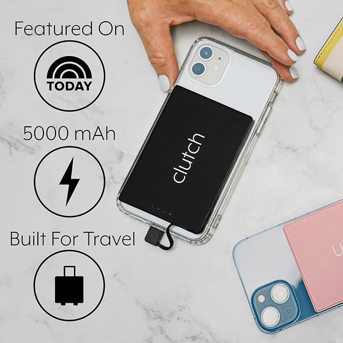 Clutch - Pro USB-C Portable Charger - Compatible with iPhone 15, 16 & Android Devices - Power Bank Magnetic Battery - TSA Travel Approved - USB Rechargeable - Built-in Cable - 5000 mAh - Pink & Black