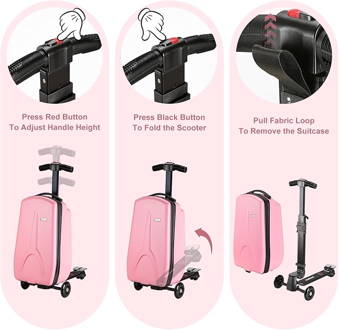 Scooter Luggage for Kids Scooter Suitcase for Ages 4-12, 4 in 1 Kids Luggage Boarding Suitcase Detachable & Foldable Scooter Travel Trolley Ride On Luggage-Pink